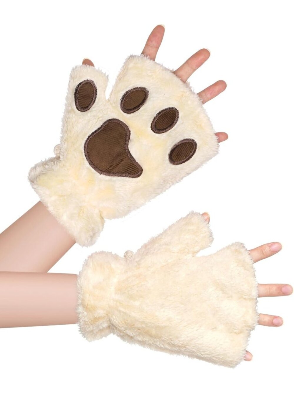 Women's Yellow Fluffy winter mittens soft pink cat paw half-finger Gloves